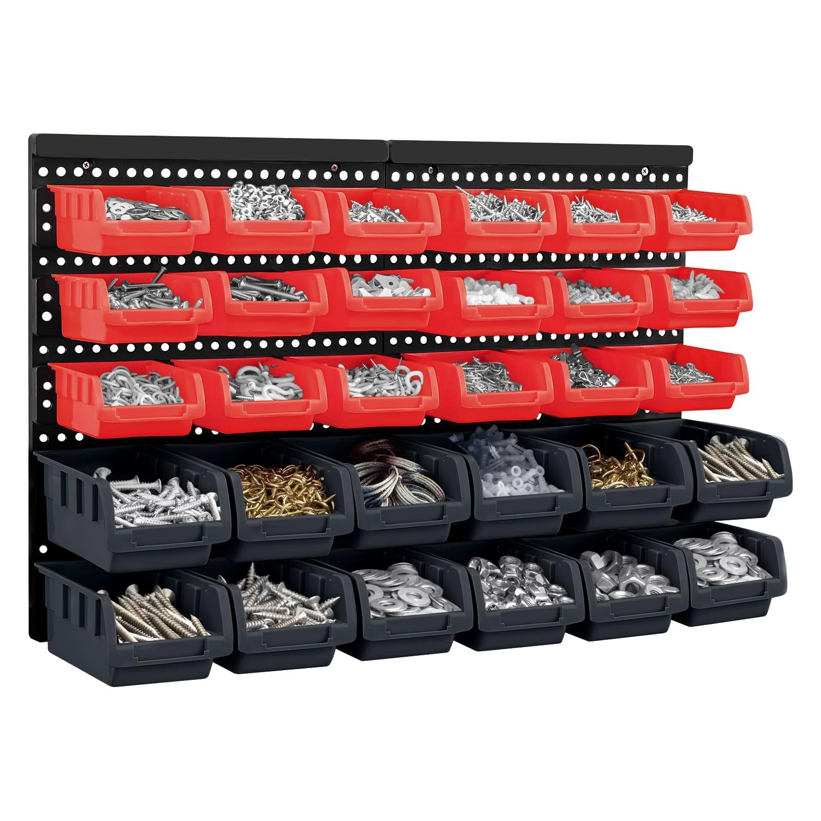 CROWNSHOP 32 PCS Wall Mount Storage Organiser Bin Panel Rack DIY Tool Bits Boxes 64 * 41cm Wall Mounted Pegboard Hook, Storage Bins and Panel Set Tool, Parts and Craft Organizer(Red+Black)