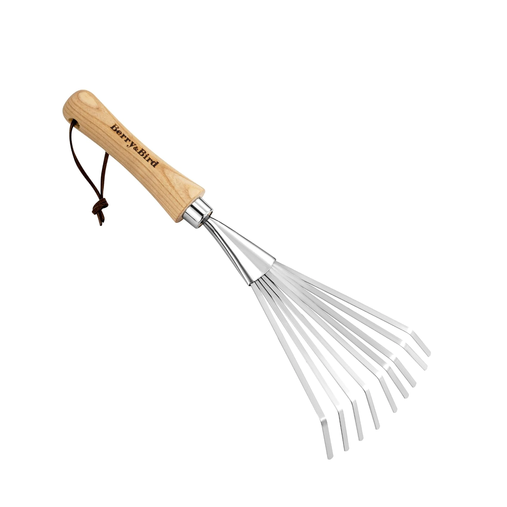 Berry&Bird Stainless Steel Hand Shrub Rakes, 9 Tines Fan Lawn Leaf Rake with Ergonomic Wooden Handle & Cowhide Lanyard, Small Gardening Grass Rake for Sweep Leaves and Debris Collection