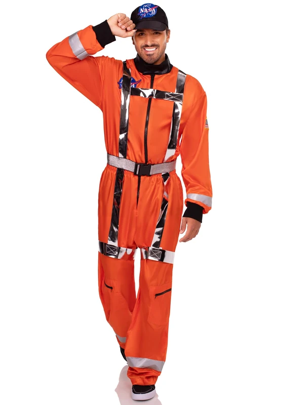 Leg Avenue Men's 3 PC Cosmic Astronaut Costume, Includes Zip-Up Jumpsuit with Pockets and Reflective Trim, Metallic Body Harness, and Hat, Large, ORANGE