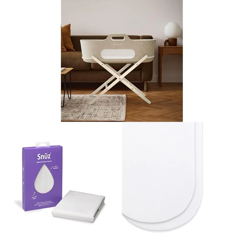 Snüz SnuzBaskit Moses Basket Bundle - Barley Moses Basket with Matress & Cashmere Stand + Waterproof Mattress Protector + 2 Pack Fitted Sheets