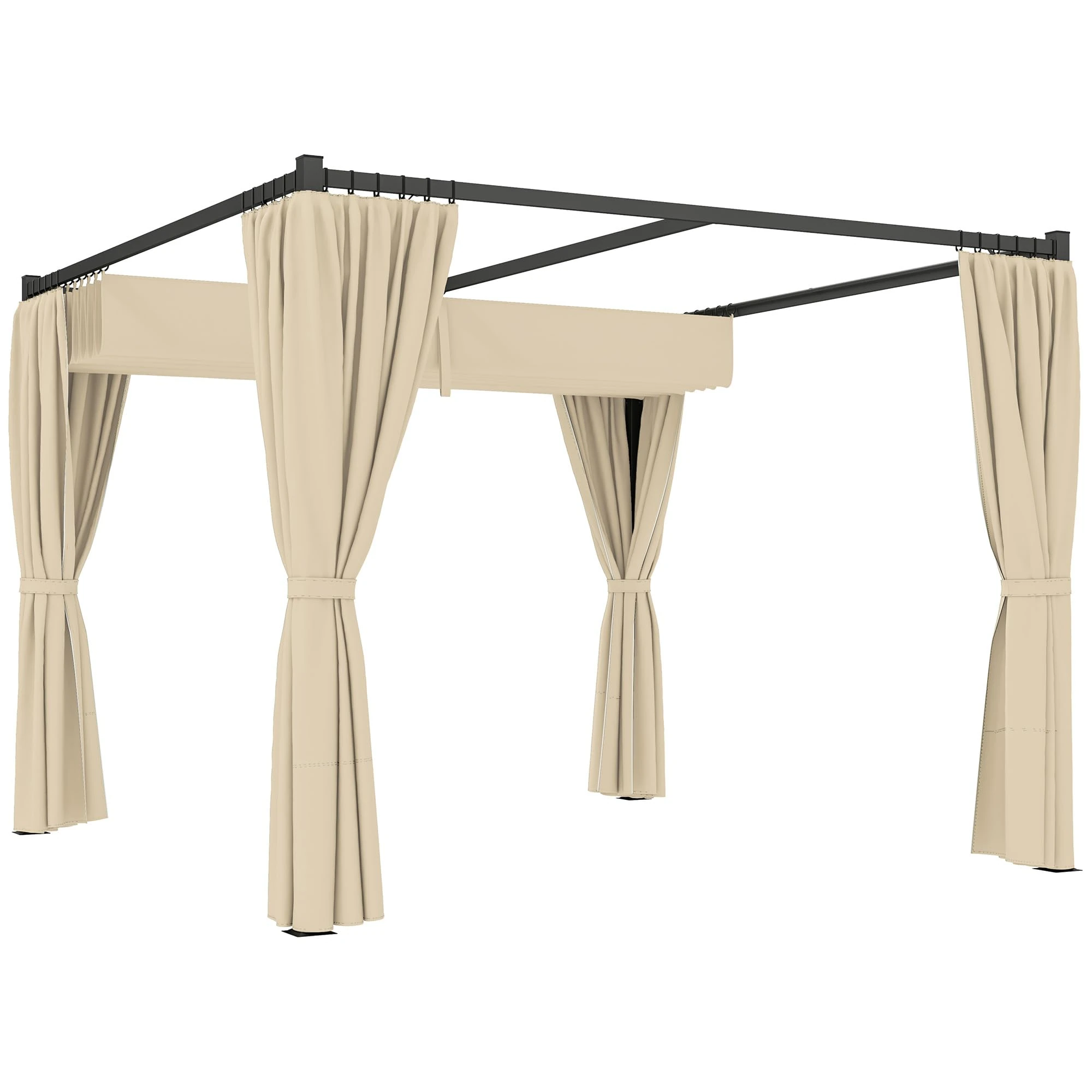 Outsunny 3 x 3(m) Pergola with Retractable Roof Canopy and Curtains, Metal Frame Garden Gazebo Outdoor Sun Shade Shelter for Grill, Patio, Deck, Khaki