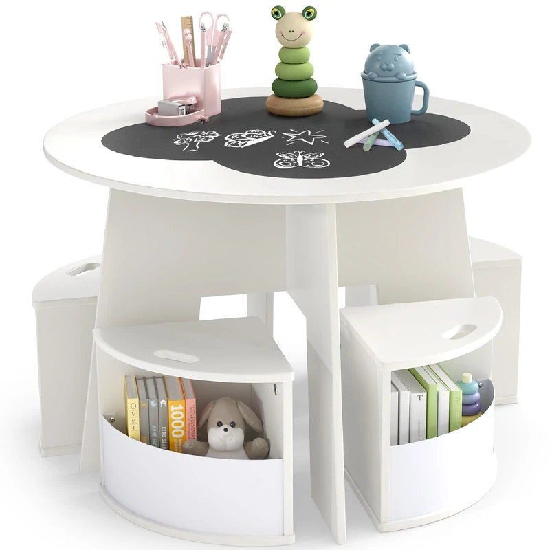 GYMAX Kids Table with 4 Chairs, Children Activity Desk with 4 Storage Stools and Chalkboard Tabletop, 5-Piece Wooden Toddler Round Table Set for 3+ Years Old Boys Girls, 70x70x49cm (White)