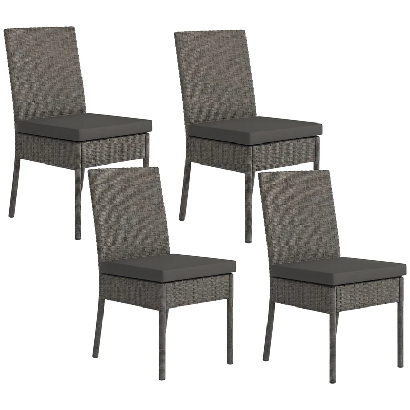 Outsunny 4 Pieces PE Rattan Garden Chairs with Cushion, Patio Wicker Dining Chairs with Backrest for Patio, Deck, Garden, Dark Grey