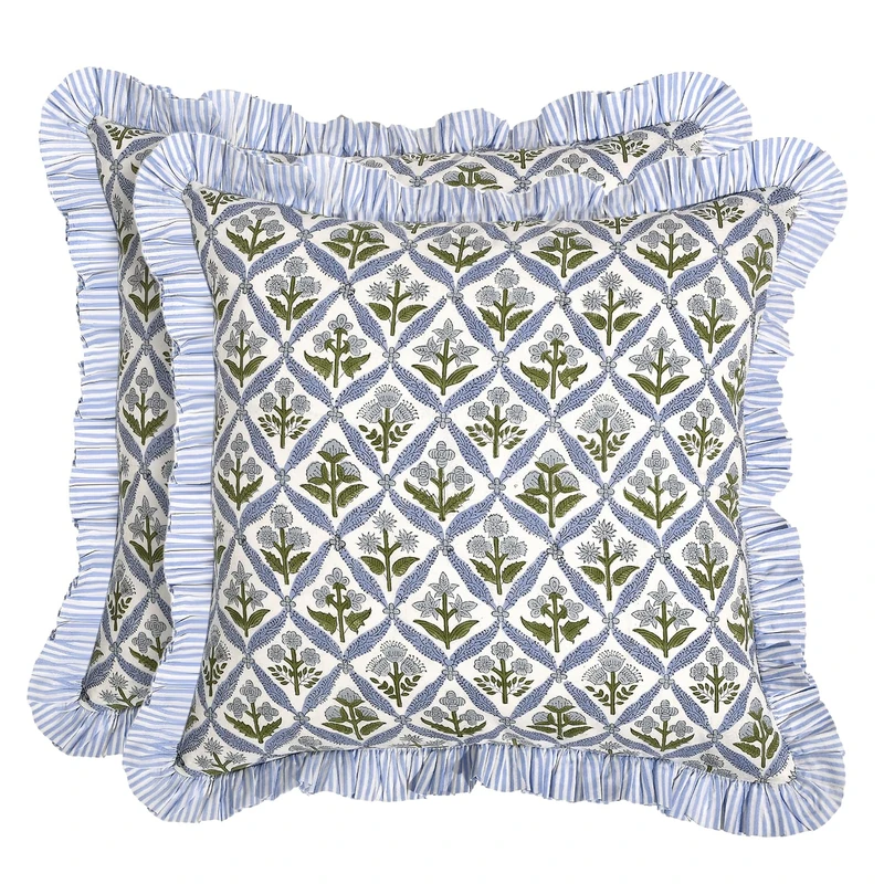 Ridhi Block Print Light Steel Blue Throw Pillow Cover 24" x 24" (Pack of 2) Decorative Cushion Covers with Ruffle for Couch, Sofa, Bed, Living Room, Home Decor Gift for Spring, Easter, Valentine