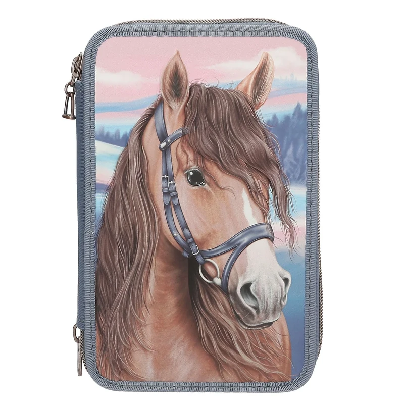 Depesche -Princess Mimi 2 Fach Federtasche Milo 13415 Miss Melody 3D Effect and Horse Pattern, Coloured Pencil Case, Scissors, Ruler and Much More, Animal Print, Multicoloured, One Size