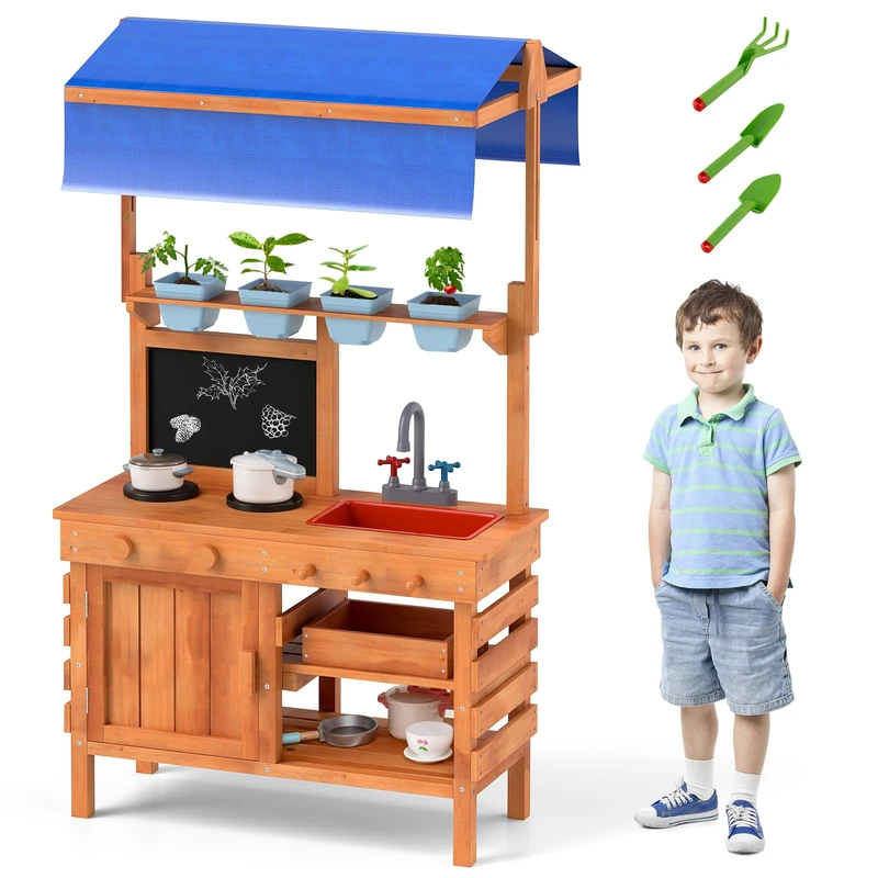 FANTASK Mud Kitchen Children's Outdoor Wooden Kitchen with Sun Canopy & Board & Plant Cups & Shovels