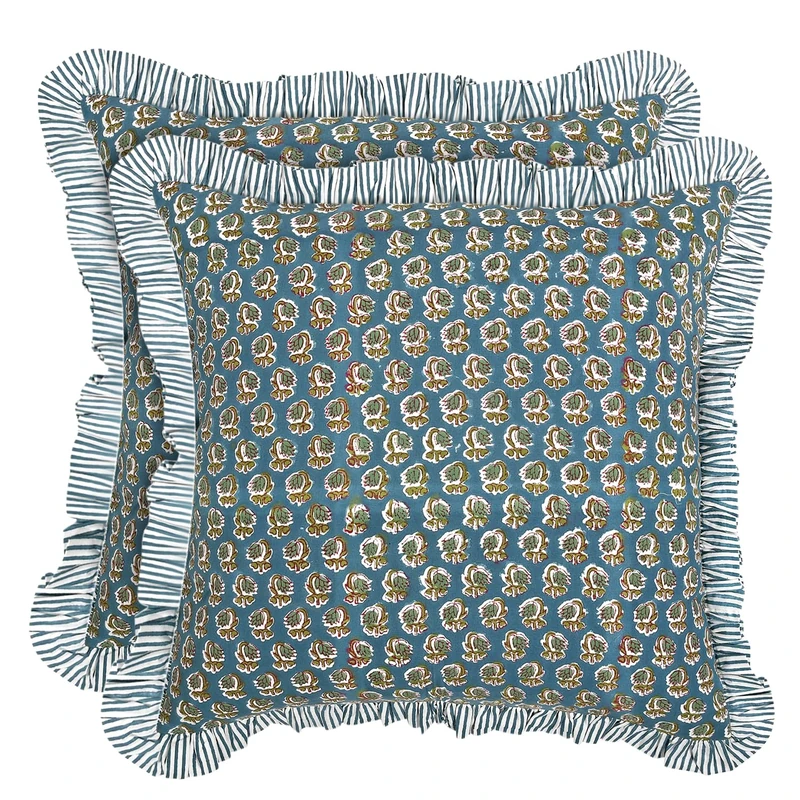 Ridhi Block Print Peacock Blue Throw Pillow Cover 24" x 24" (Pack of 2) Decorative Cushion Covers with Ruffle for Couch, Sofa, Bed, Living Room, Home Decor Gift for Spring, Easter, Valentine