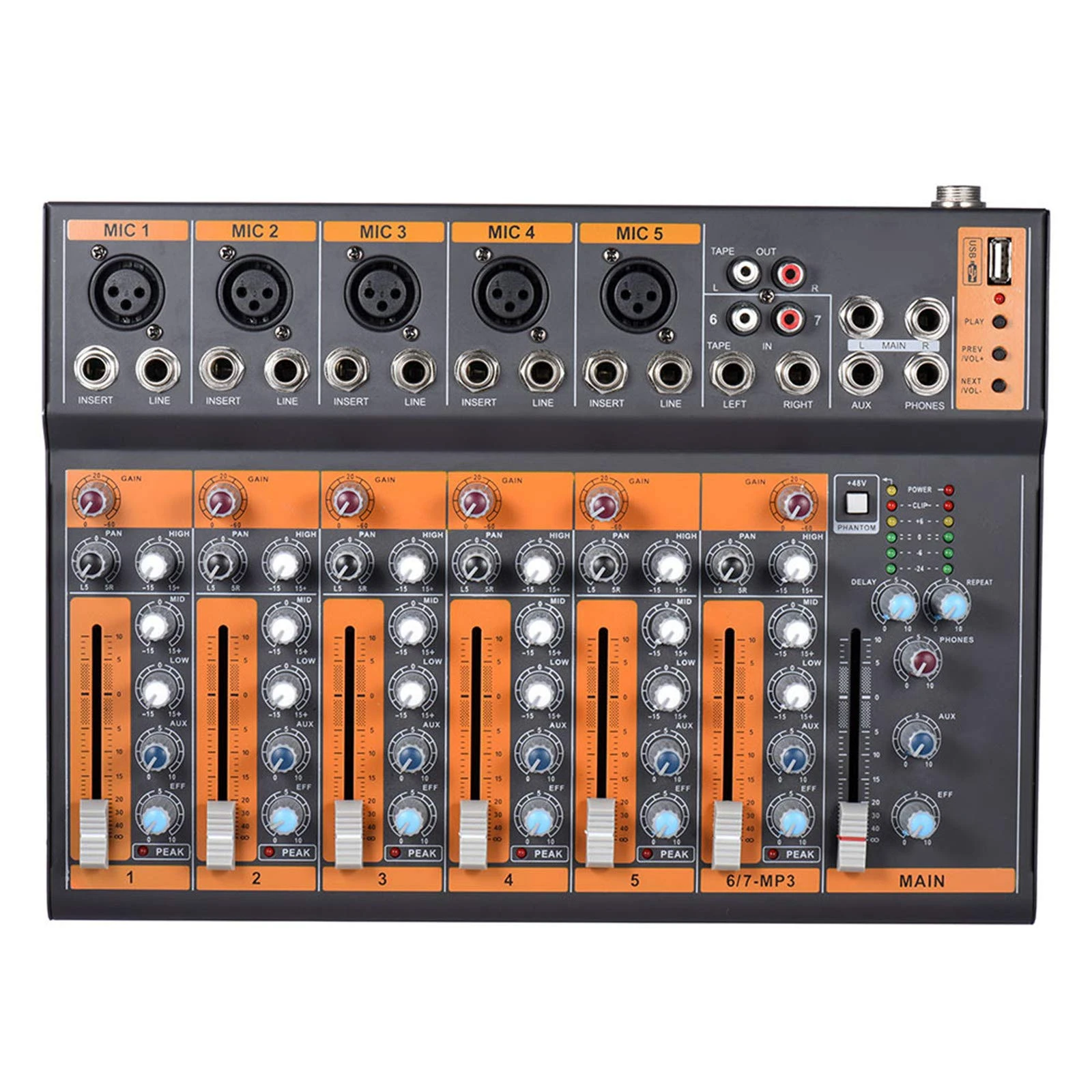 Mxxephemer Studio Mixing Desks Portable, DJ Mixer 7-Channel Mic Line Audio Mixer Mixing Console 3-band EQ USB Interface 48V Phantom Power with Power Adapter
