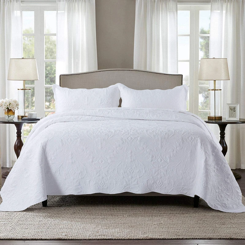 HoneiLife Oversized Queen Bedspreads 110x106- Queen Size Quilt Bedding Sets 3-Piece, Paisley Coverlets Lightweight Bedlinen Set for All Season Use-White