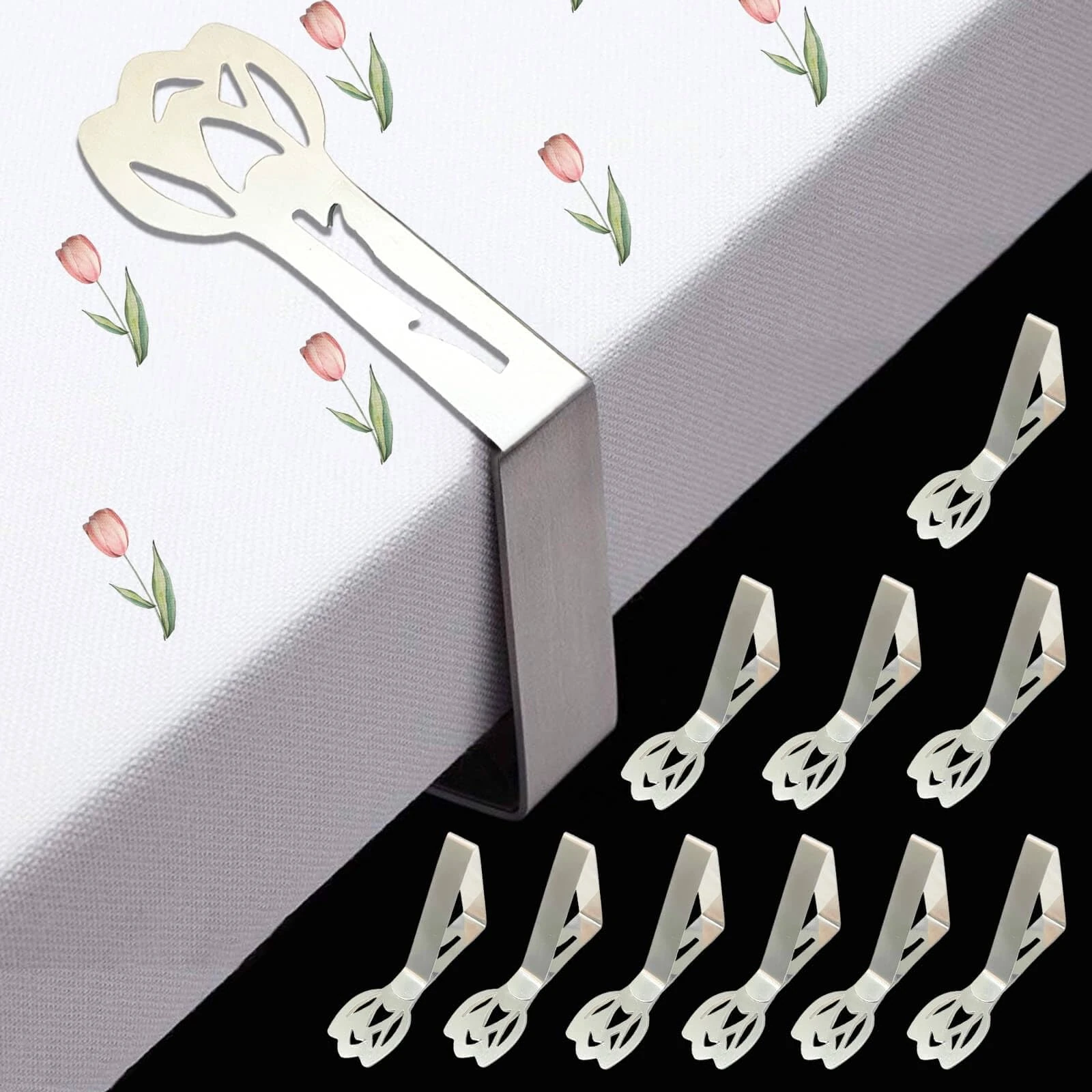 CUNGLIN Tablecloth Clips 10 Pack, Tulip Shape Picnic Table Cloth Holder Clip for Outdoor Thick Tables Heavy Duty Stainless Steel Decorative Cover Clamp Pin for Outside Party Wedding RV Accessories