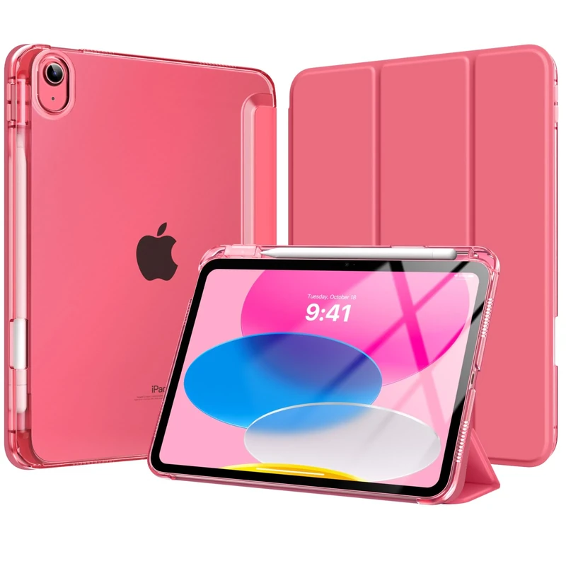 MoKo for iPad (A16) 11th Generation Case 11 Inch 2025, iPad 10th Gen Case 10.9 Inch 2022 with Pencil Holder, Slim Light Trifold Protective Cover with Hard PC Translucent Back Shell, Watermelon Pink