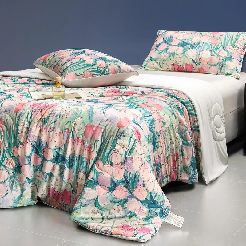 LLanCL Floral Print Cooling Blankets for Hot Sleepers - Cool Like Ice Cream Blanket for Summer, Lightweight Double-Sided Cooling Comforter Quilt (Queen Size 90" x 90" Pink)