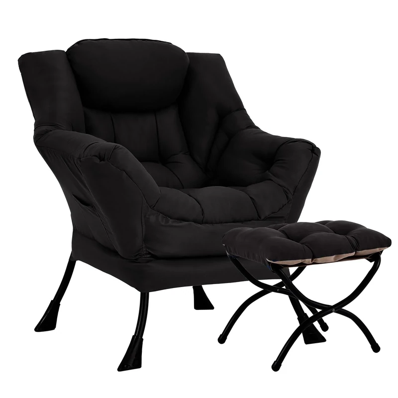 HomEastlly Lazy Chair with Ottoman, Large Modern Lounge Accent Chair with Armrests and Footrest, Reading Armchair with Ottoman, Leisure Sofa Chair for Living Room, Bedroom, Dorm Room, Office（Black）