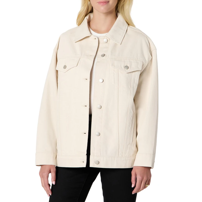 Amazon Essentials Women's Rigid Denim Oversized-Fit Trucker Jacket, Ecru, S