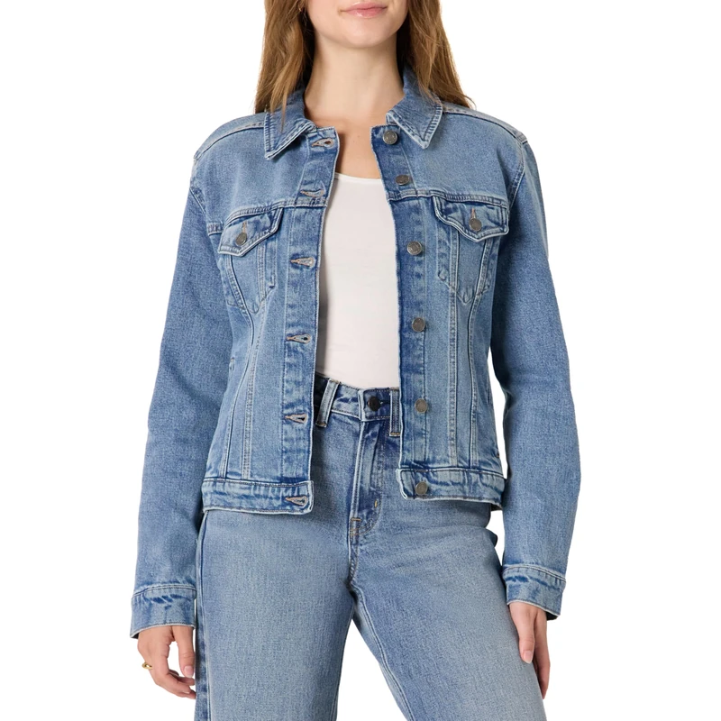 Amazon Essentials Women's Regular-Fit Low Stretch Denim Button-Front Trucker Jacket, Authentic Medium Wash, XS - Image 1