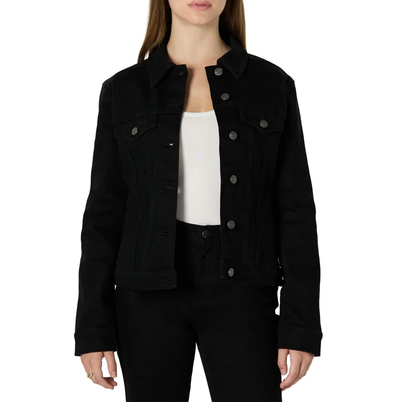 Amazon Essentials Women's Denim Trucker Jacket with Pockets, Black, XXL