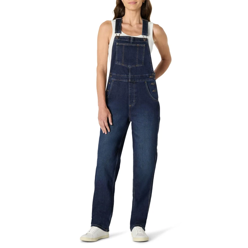 Amazon Essentials Women's Medium stretch denim relaxed-fit straight leg overalls, Dark Midnight Wash, L