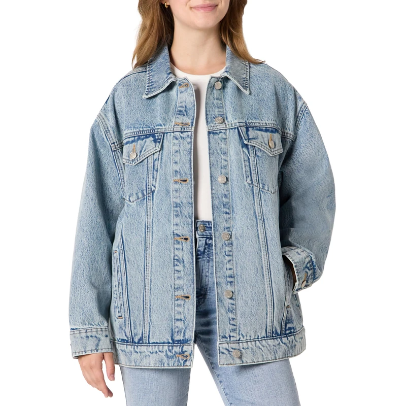 Amazon Essentials Women's Rigid Denim Oversized-Fit Trucker Jacket, Iced Light Wash, XXL