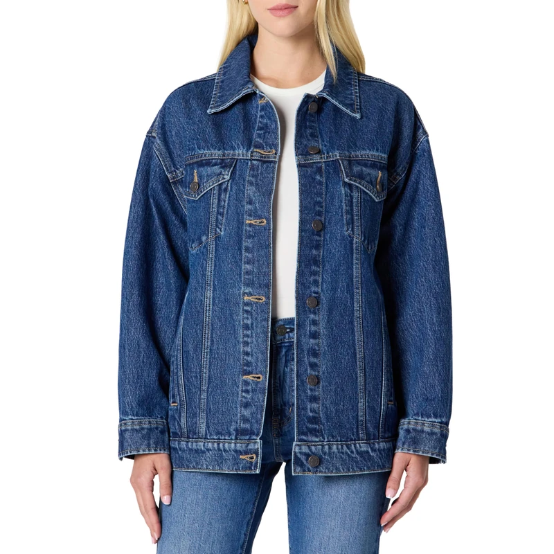 Amazon Essentials Women's Rigid Denim Oversized-Fit Trucker Jacket, Medium Blue Vintage, Large