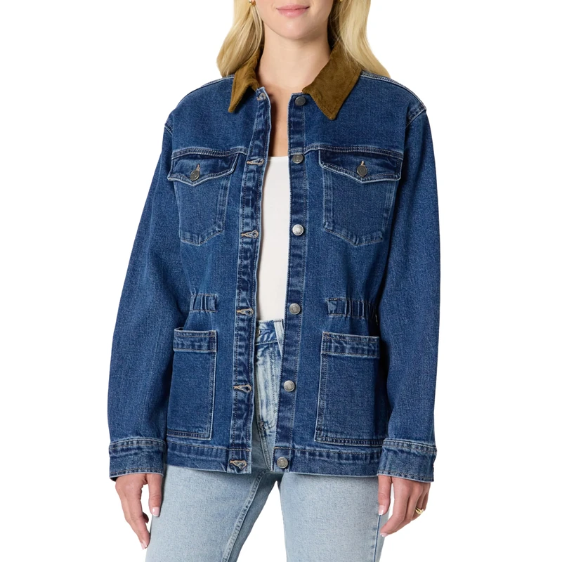 Amazon Essentials Women's Regular-Fit Low Stretch Denim Cinched Waist Barn Jacket, Medium Blue Vintage, L - Image 1