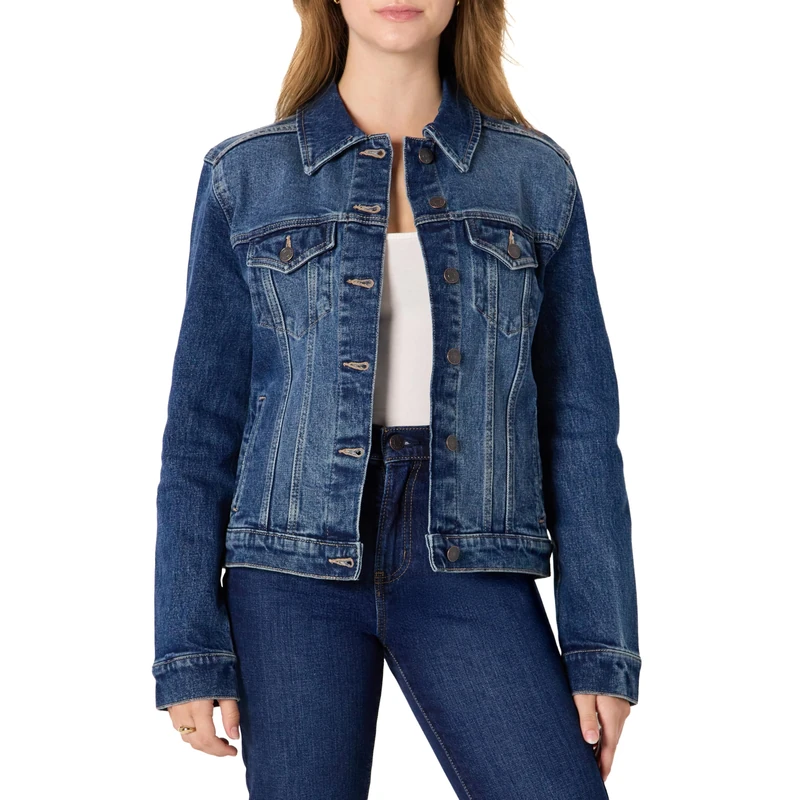 Amazon Essentials Women's Denim Trucker Jacket with Pockets, Stone Dark Wash, XS