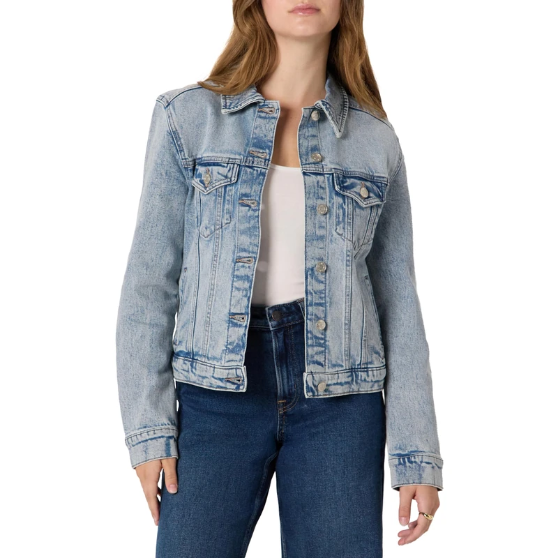 Amazon Essentials Women's Regular-Fit Low Stretch Denim Button-Front Trucker Jacket, Iced Light Wash, XS - Image 1