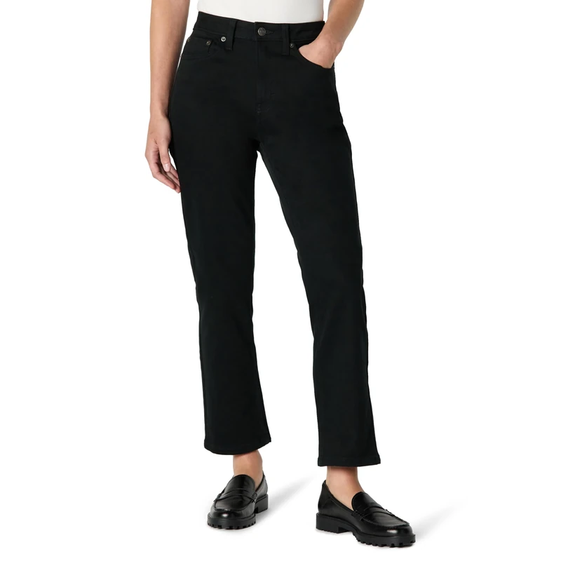 Amazon Essentials Women's High-Rise Straight Leg Jean, Black, 16 Short