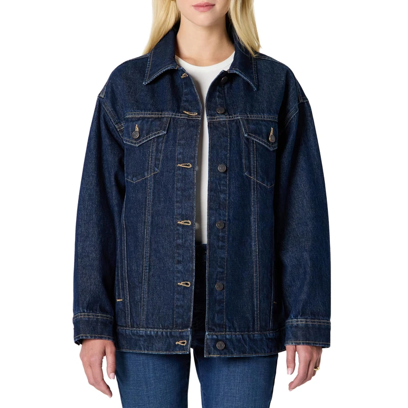 Amazon Essentials Women's Rigid Denim Oversized-Fit Trucker Jacket, Dark Midnight Wash, Large