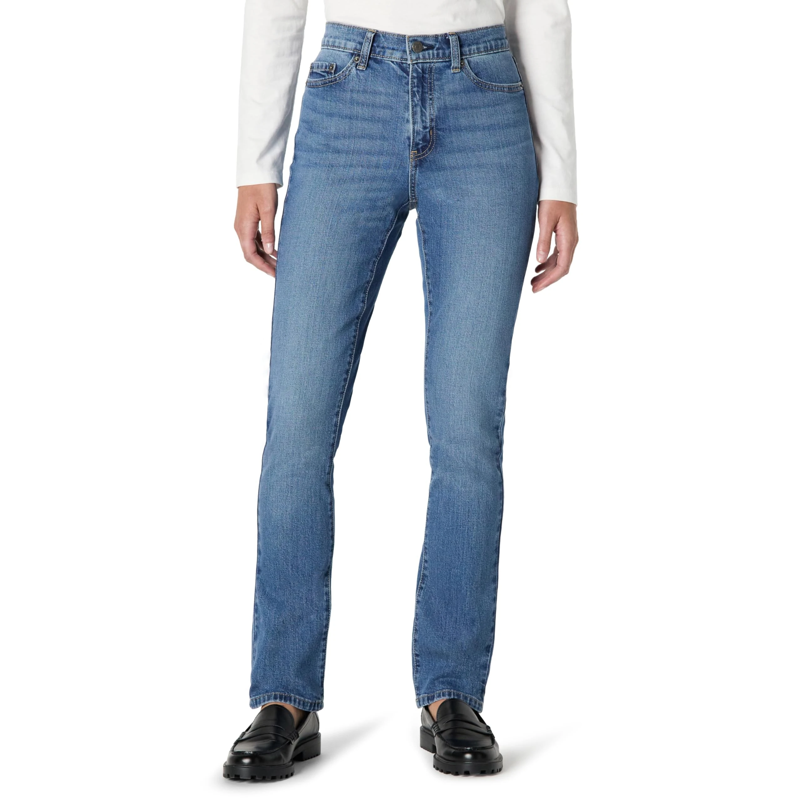 Amazon Essentials Women's Medium-Stretch Slim-Fit Mid-Rise Straight Leg Jeans, Medium Blue Vintage, 14-16