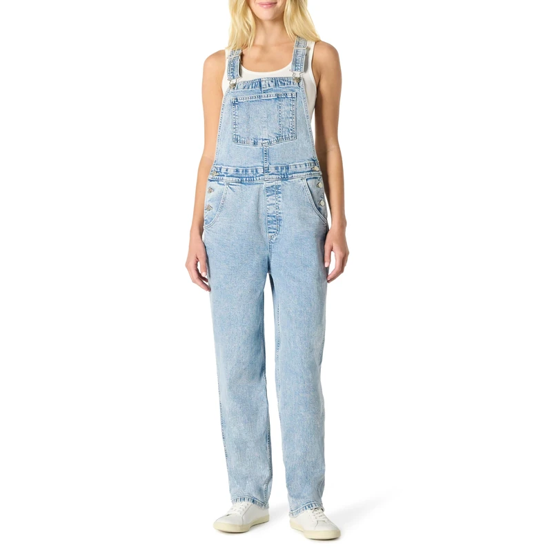 Amazon Essentials Women's Medium stretch denim relaxed-fit straight leg overalls, Iced Blue Light Wash, XXL