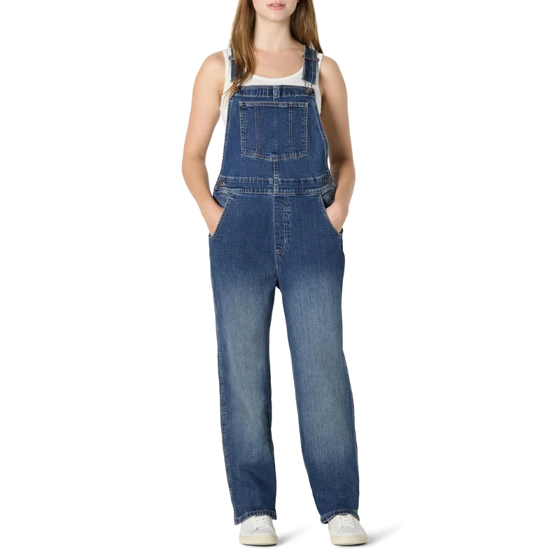 Amazon Essentials Women's Medium stretch denim relaxed-fit straight leg overalls, Classic Medium Wash, L