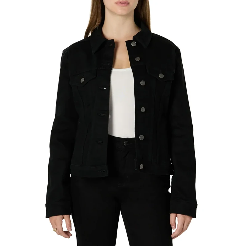 Amazon Essentials Women's Regular-Fit Low Stretch Denim Button-Front Trucker Jacket, Black, M