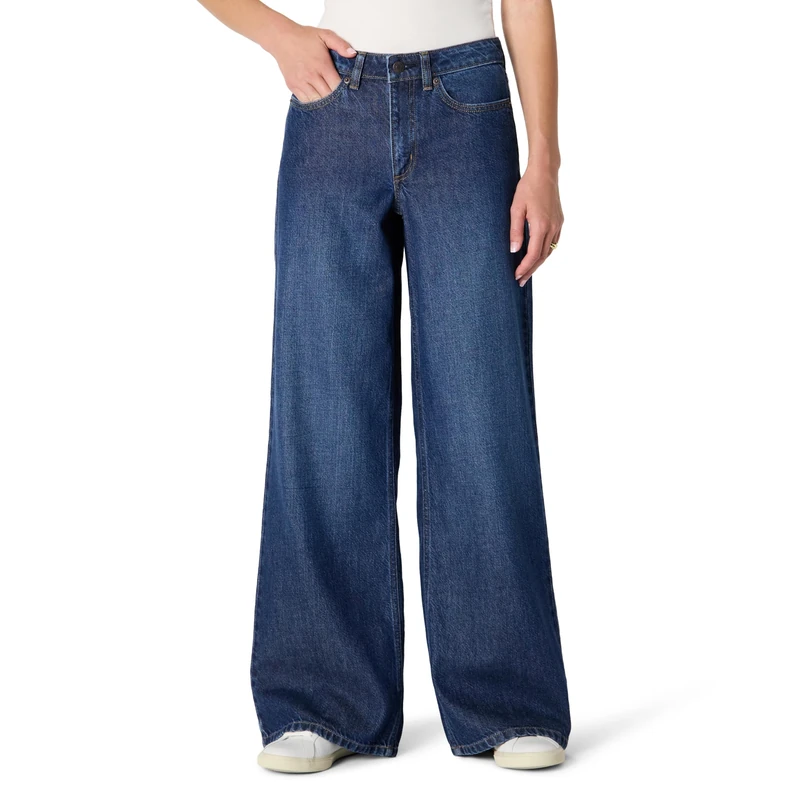 Amazon Essentials Women's Ultra-Soft Mid-Rise Wide Leg Jeans, Dark Shadow Wash, 12-14