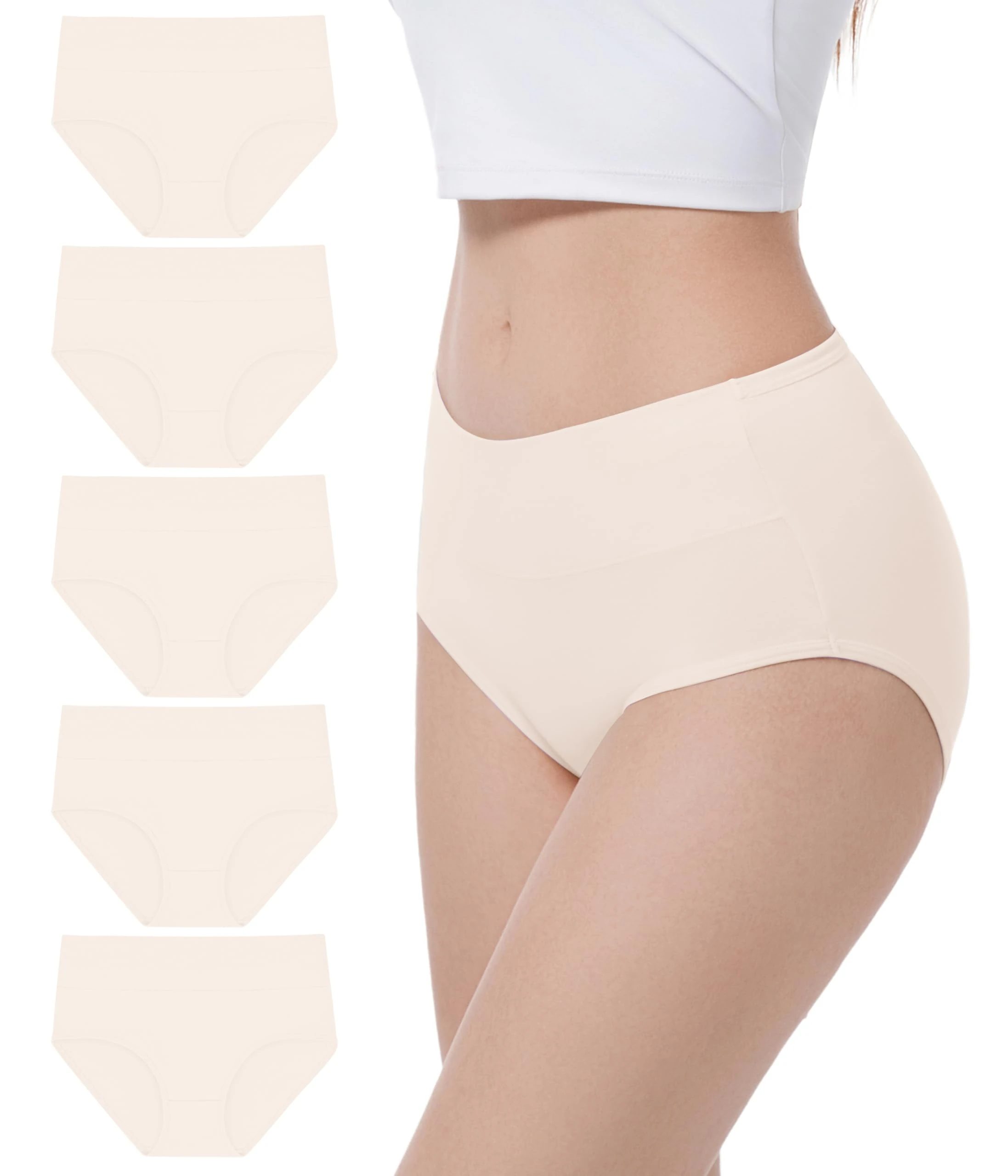 YESWEL Women's Underwear 5 Pack, High Waist Cotton Knickers Ladies, Hipster Stretch Breathable Pants for Women (Apricot, L)