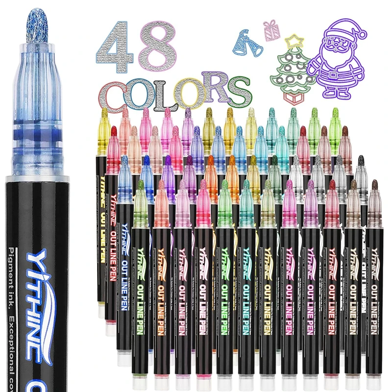 YITHINC Glitter Pens Outline Marker Pen, Arts and Crafts Gift for Kids Girls, Teenage Girls Gift, 48 Sparkle Metallic Colouring Pens, Easter Gifts for 4 5 6 7 8 9 10 11 12 Year Old Girls