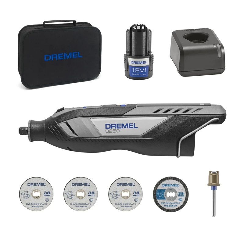 Dremel 8250 12V Cordless Rotary Tool 5.000-30.000 RPM Brushless Multitool kit with Tool Bag, 4 Accessories, 2.0Ah Battery/Charger for Grinding, Drilling, Routing, Grout Removal, Engraving, Repair/DIY