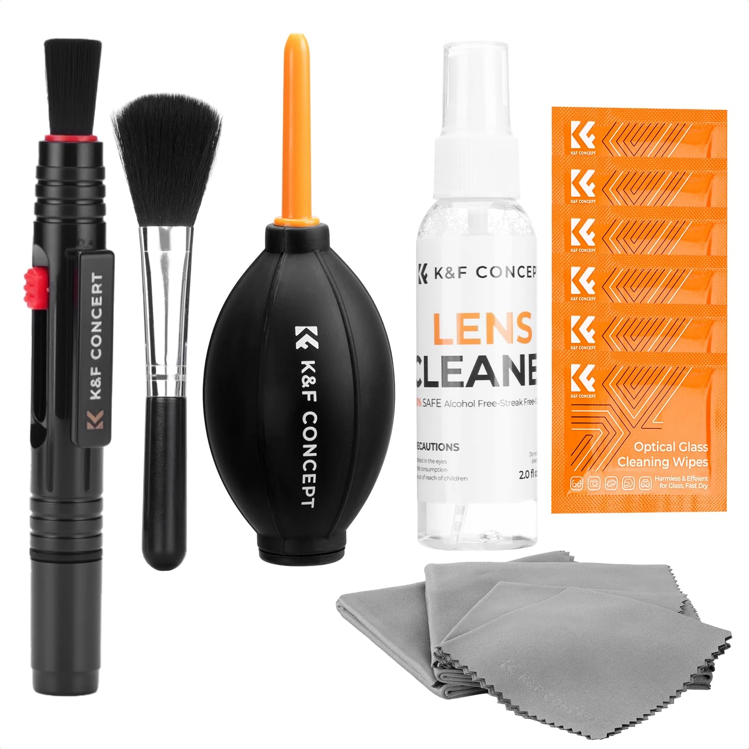 K&F CONCEPT 15-in-1 Camera Lens Cleaning Kit with Air Blowing, Cleaning Wipes*6, 60ml Cleaning Cloths Liquid, cleaning cloth*5, Lens Pen, Cleaning Brush for DSLR Camera Lens Filter Cell Phones
