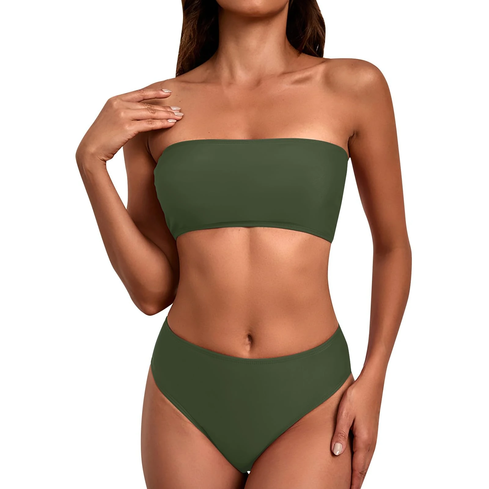 Bandeau Bikini Sets for Women UK Sexy 2 Piece Bandeau Bikini Solid Color Women Swimwear with High Waisted Bikini Bottoms Tummy Control Plus Size Swimwear for Women Today's Deals