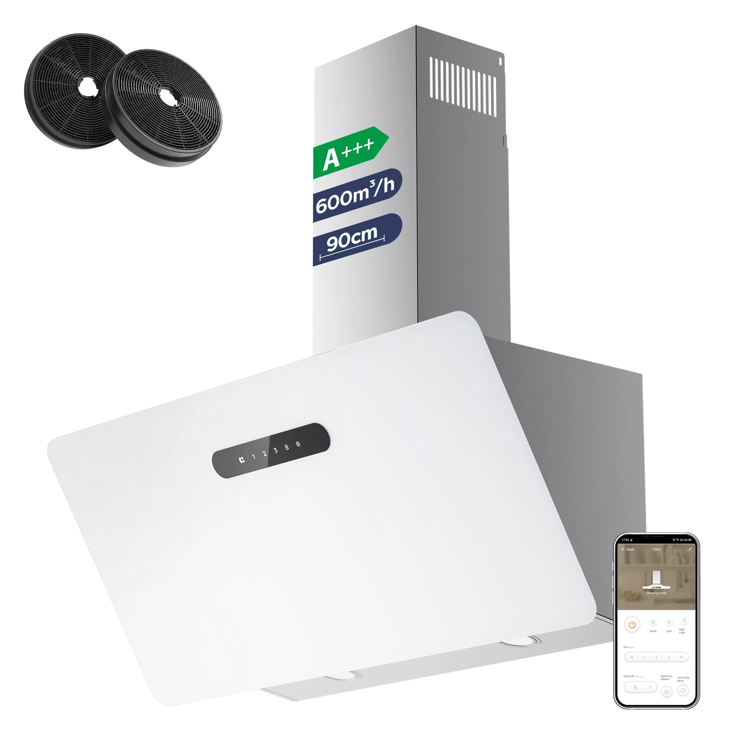 CIARRA CBCW9736K Angled Cooker Hood 90cm Head-Free Hood Recirculating & Ducting Wall Mounted Chimney Extractor Fan with Touch Control Panel 4 Speed Settings LED Lighting