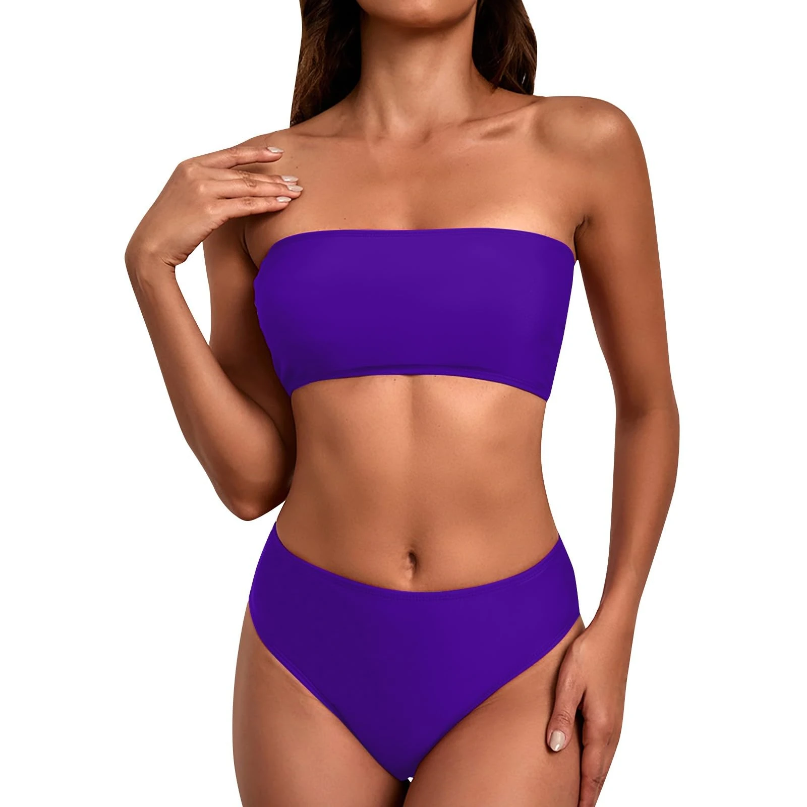 Bandeau Bikini Sets for Women UK Sexy 2 Piece Bandeau Bikini Solid Color Women Swimwear with High Waisted Bikini Bottoms Tummy Control Plus Size Swimwear for Women Today's Deals Purple