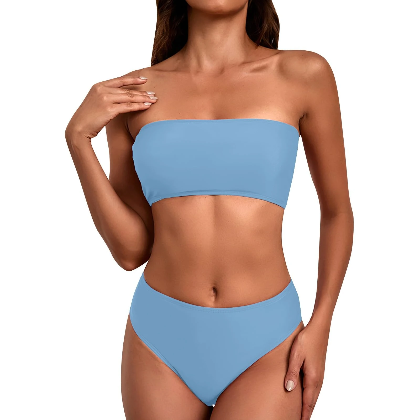 Bandeau Bikini Sets for Women UK Sexy 2 Piece Bandeau Bikini Solid Color Women Swimwear with High Waisted Bikini Bottoms Tummy Control Plus Size Swimwear for Women Today's Deals Blue