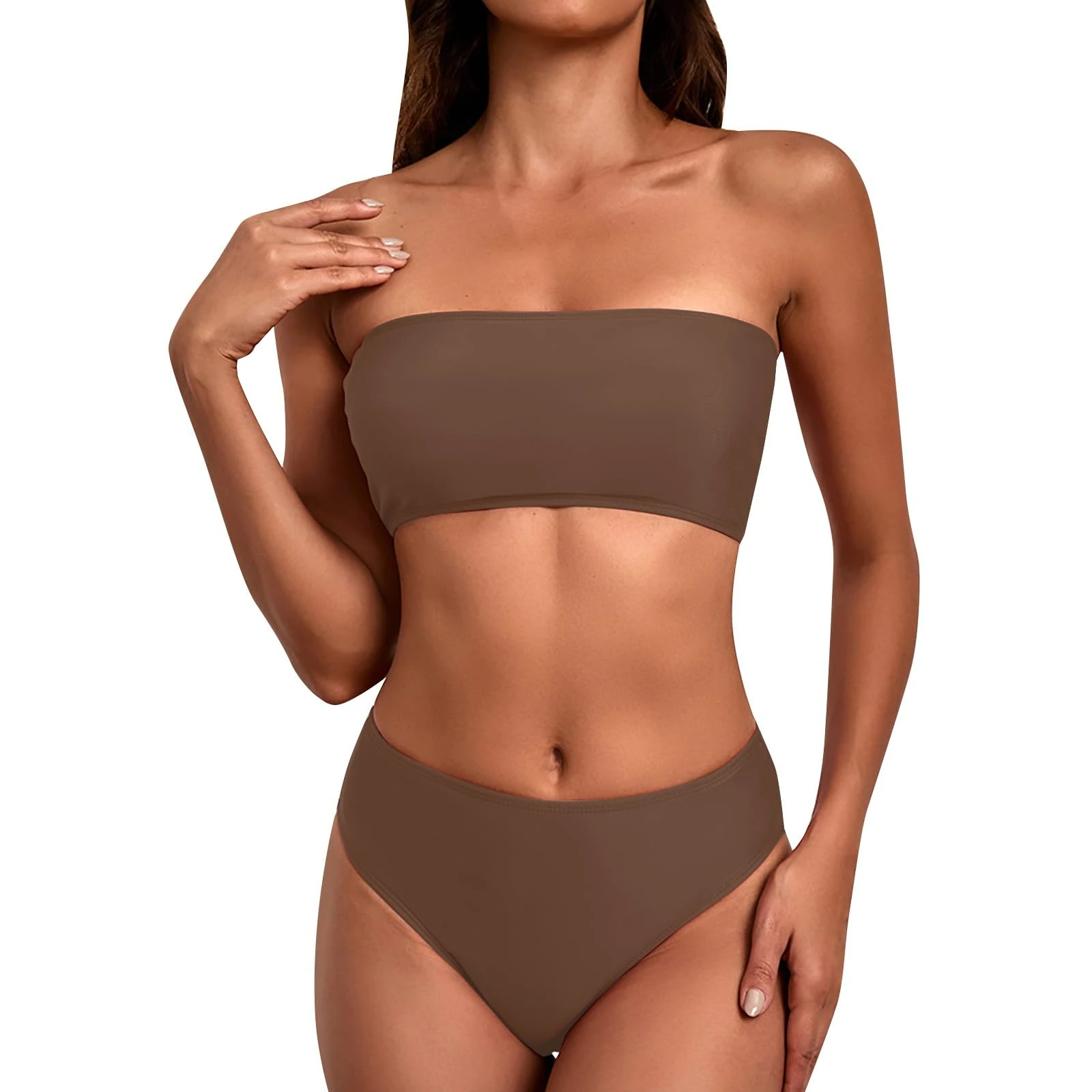 Bandeau Bikini Sets for Women UK Sexy 2 Piece Bandeau Bikini Solid Color Women Swimwear with High Waisted Bikini Bottoms Tummy Control Plus Size Swimwear for Women Today's Deals Brown