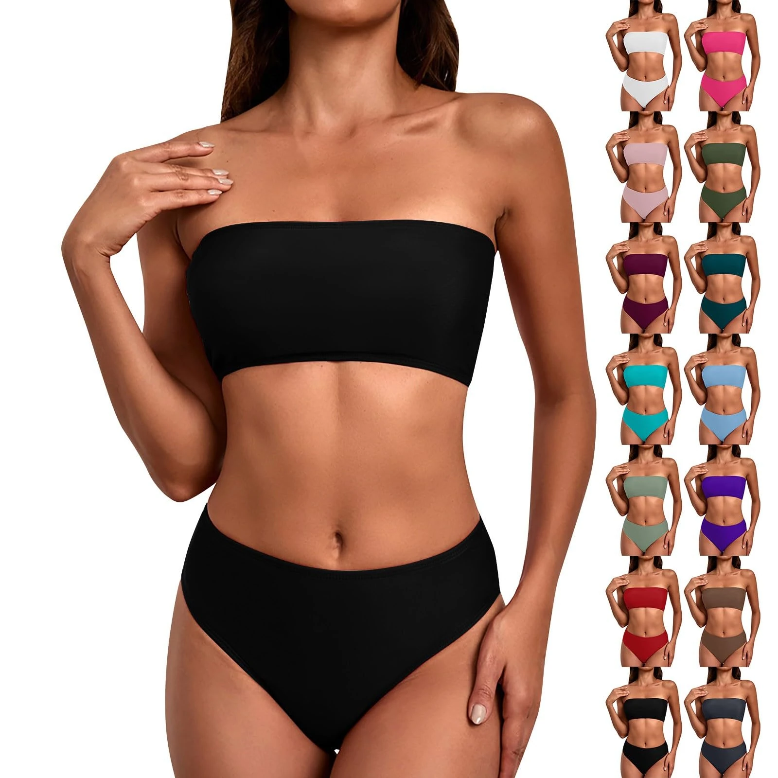 Bandeau Bikini Sets for Women UK Sexy 2 Piece Bandeau Bikini Solid Color Women Swimwear with High Waisted Bikini Bottoms Tummy Control Plus Size Swimwear for Women Today's Deals Black