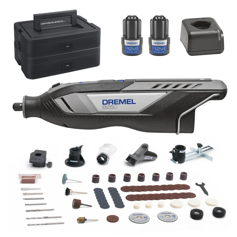 Dremel 8250 12V Cordless Rotary Tool 5.000-30.000 RPM Brushless Multitool kit with Dremel Box, 65 Accessories, 5 Attachments 2 Battery+Charger for Grinding, Drilling, Routing, Grout Removal, Engraving