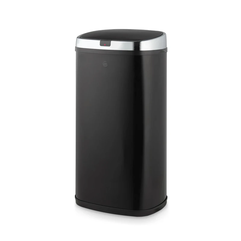 Swan Townhouse Square Sensor Bin with Hands Free Opening Using Motion Sensor Technology, Bin Liner Retainer Ring, Steel Body, Large 42L Capacity, Black