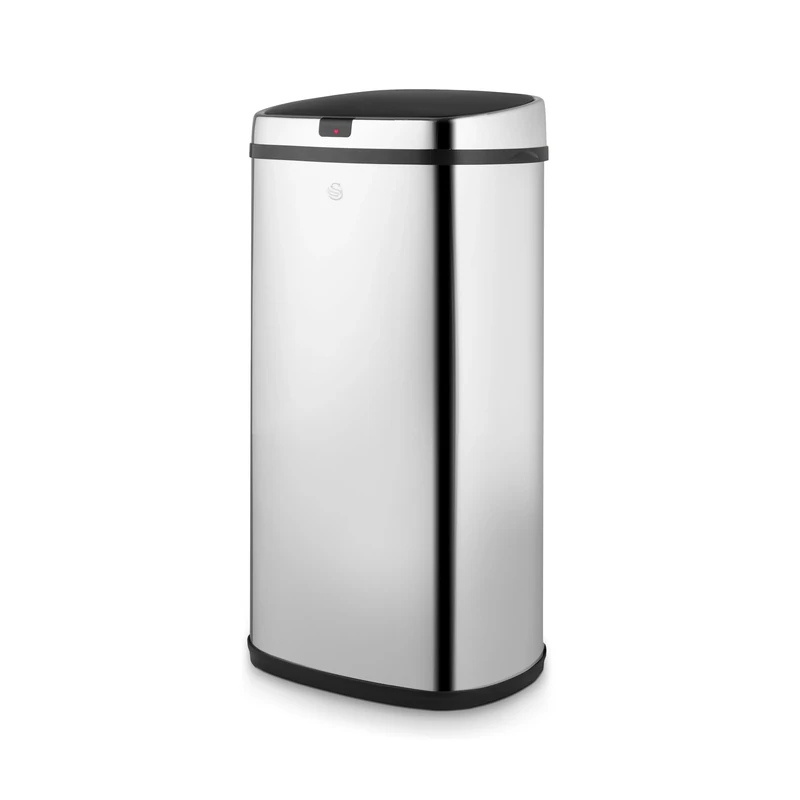 Swan Townhouse Square Sensor Bin with Hands Free Opening Using Motion Sensor Technology, Bin Liner Retainer Ring, Steel Body, Large 42L Capacity, Stainless Steel
