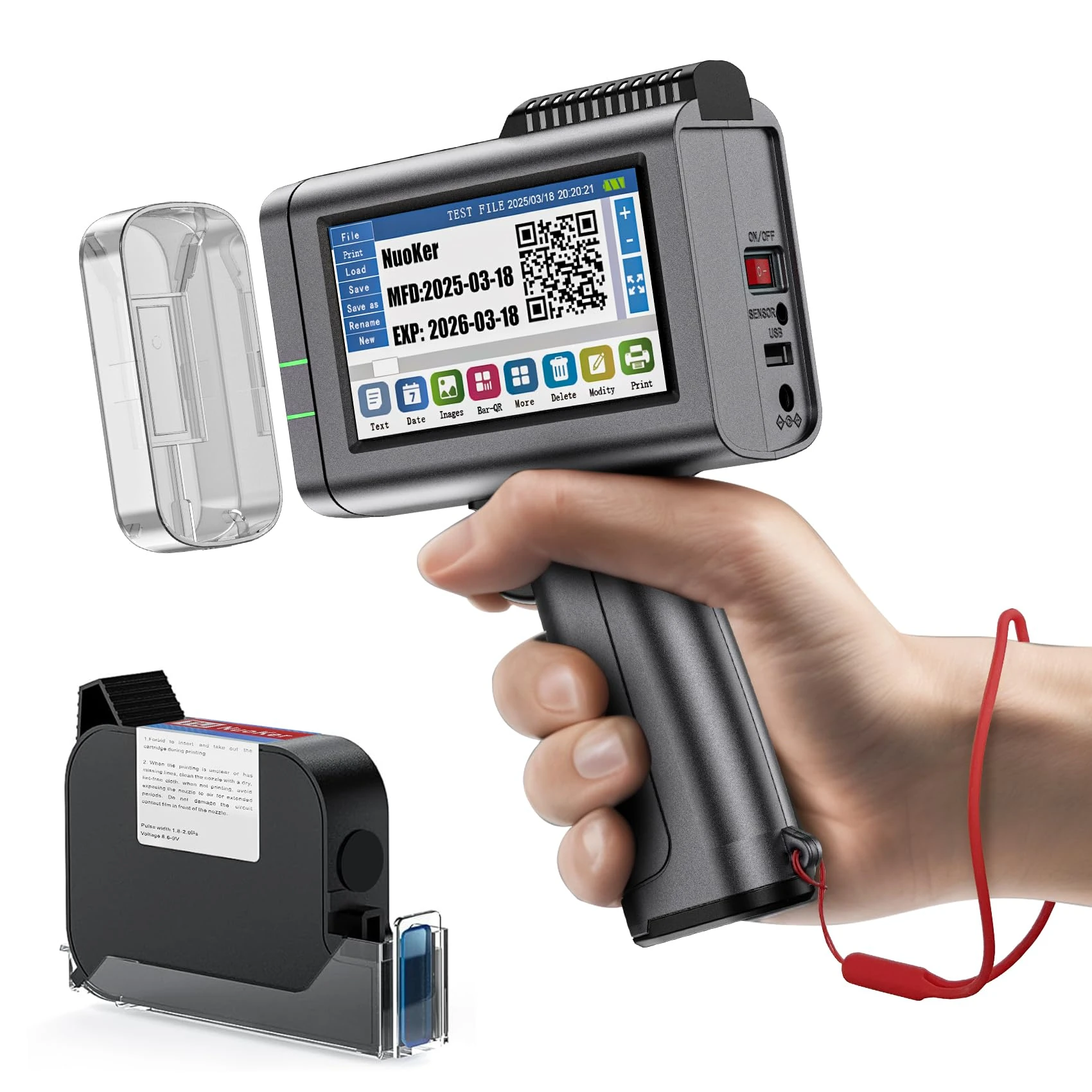 NUOKER Handheld Inkjet Printer - Metal Body, 1/2" Print Height, Prints Dates/QR Codes/Barcodes on Any Flat Surface for Industrial & Retail Labeling