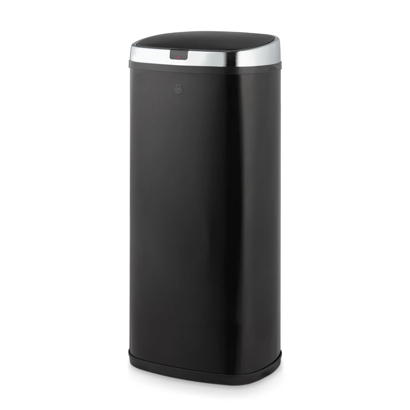 Swan Townhouse Square Sensor Bin with Hands-Free Opening Using Motion Sensor Technology, Bin Liner Retainer Ring, Steel Body, Large 50L Capacity, Black