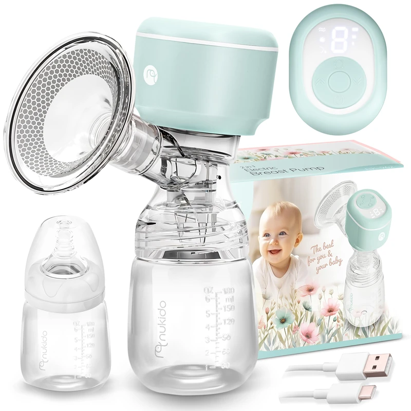 Nukido Electric Breast Pump 3 Modes Portable LED Display BPA Free Silicone Turquoise White
