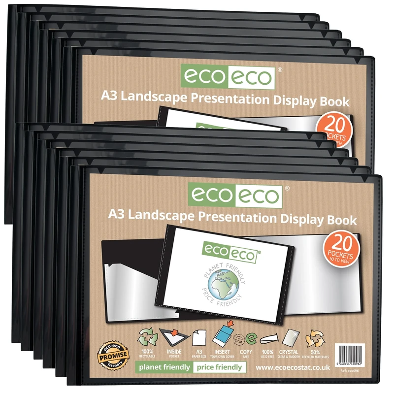 eco-eco A3 50% Recycled 20 Pocket Black Landscape Presentation Display Book, Storage Case Portfolio Art Folder with Plastic Sleeves, Pack of 12 Folders, eco096x12